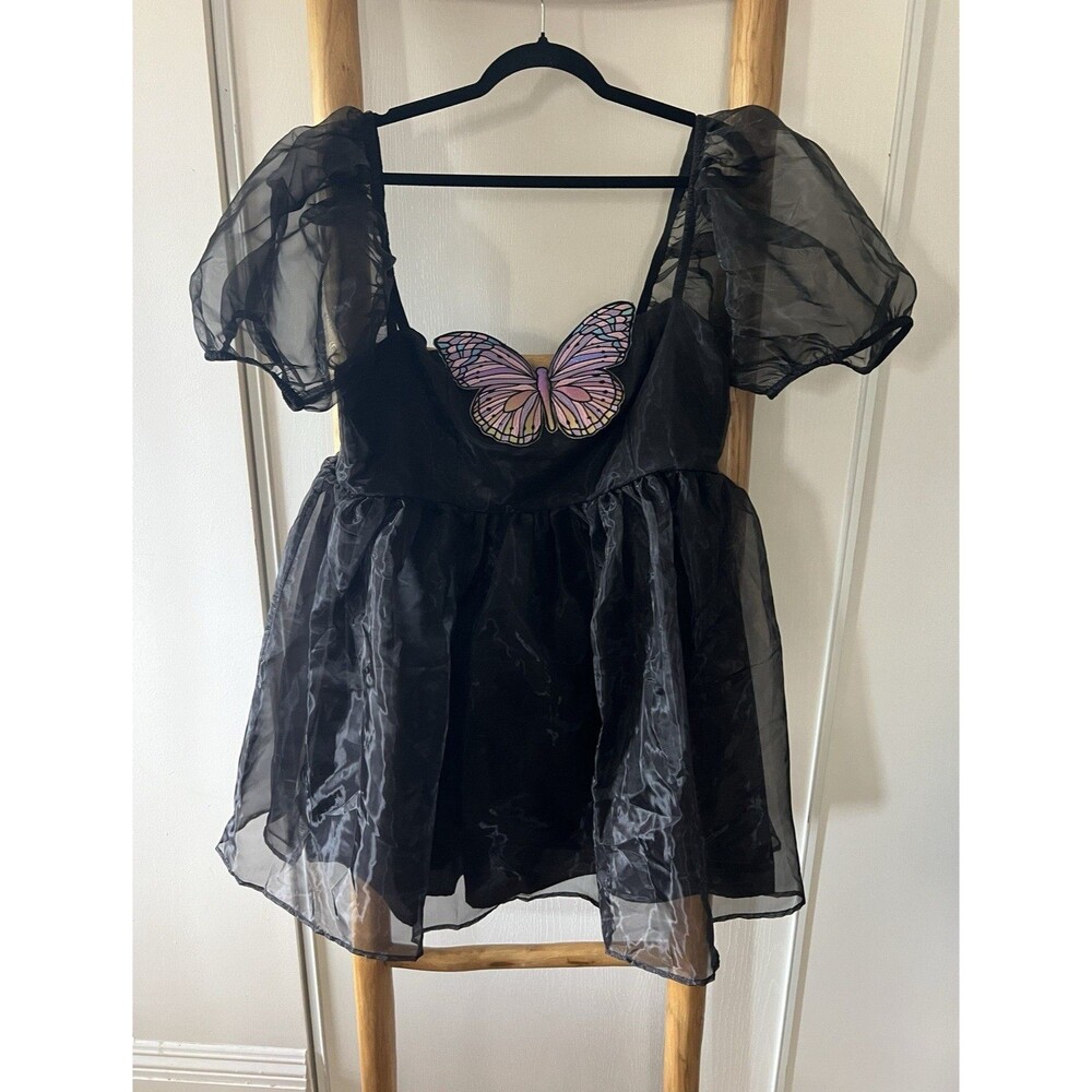 Current Mood XXL Black Sheer Puff Sleeve Butterfly Theme Dress Costume